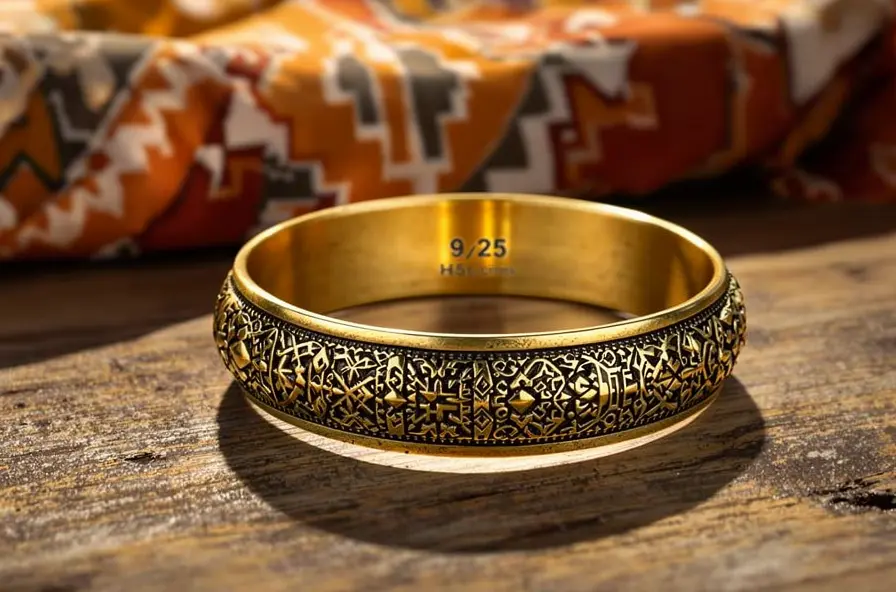 Bague berbère chleuh argenté aux motifs symboliques traditionnels posé sur bois avec textile berbère.