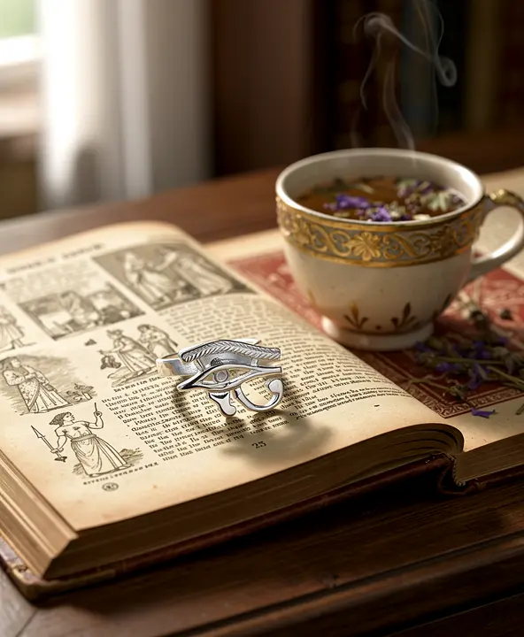 Bague en argent massif 925 avec œil d'Horus posée sur un livre de mythologie