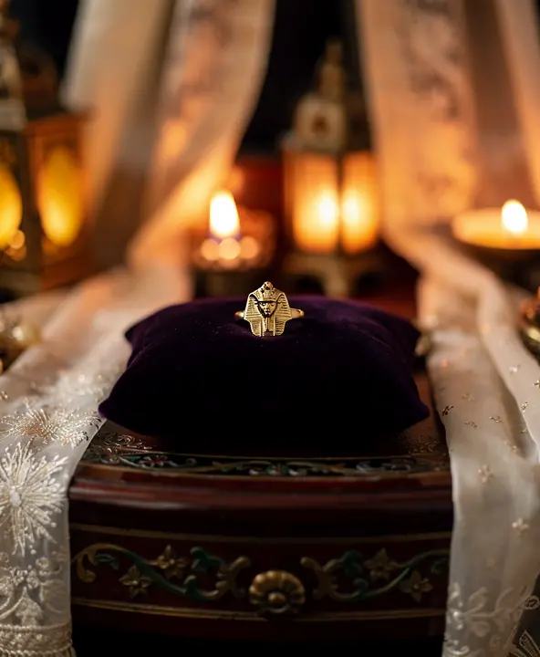 Bijoux orientaux ethniques en argent et turquoise | Style unique Bague dorée pharaon égyptien sur coussin de velours, entourée de lanternes orientales pour cérémonie de mariage