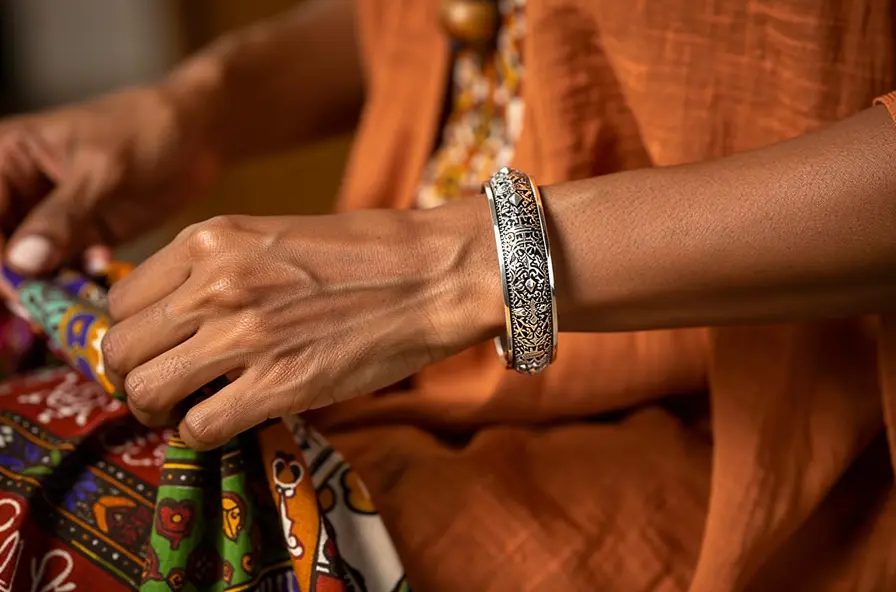 Bracelet africain authentique porté au poignet avec tissus traditionnels en arrière-plan