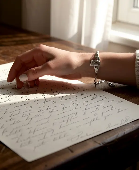 Bracelet Claddagh en argent porté sur un poignet féminin touchant une lettre manuscrite.
