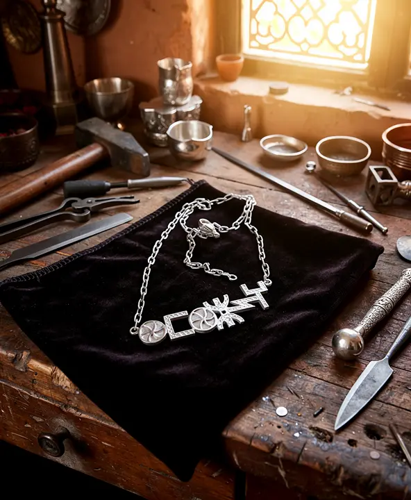 Collier berbère en argent artisanal exposé sur un établi d